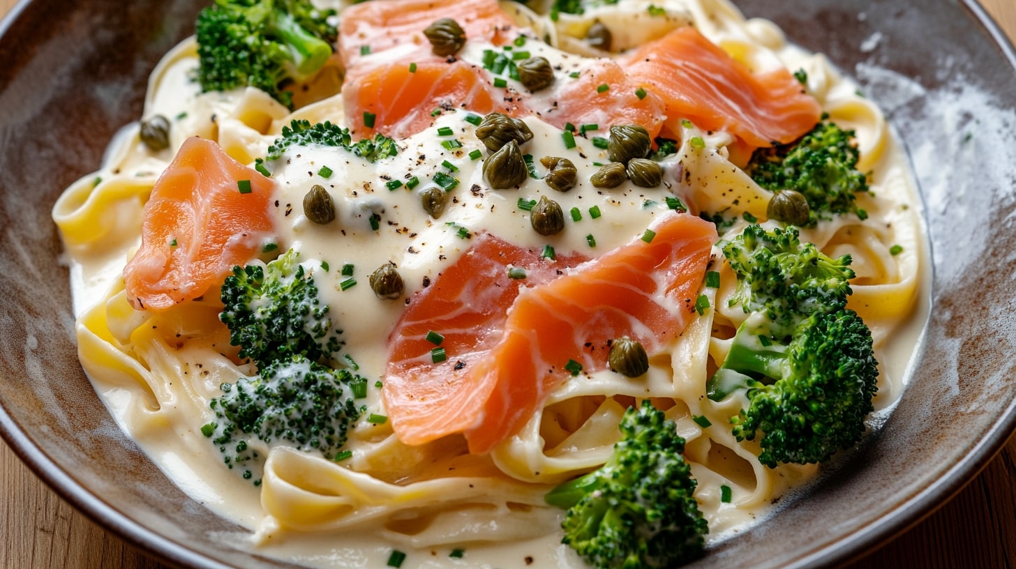 Lachsnudeln mit Sahnesauce – cremige Bandnudeln mit Räucherlachs, Brokkoli und Kapern, serviert in einer hellen Sahnesauce und garniert mit Schnittlauch in einer Schale.