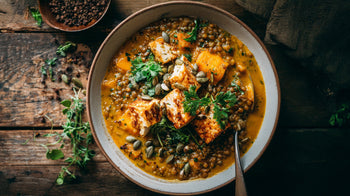 Linsen-Kürbis-Eintopf mit Tofu – cremiger Eintopf mit Kürbis, Linsen, geröstetem Tofu und Kürbiskernen, serviert in einer Schüssel auf Holztisch.