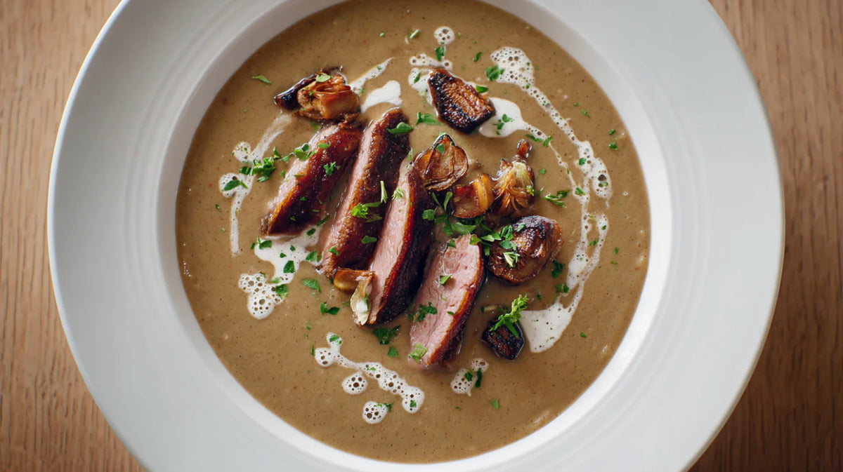 Maronensuppe mit Entenbrust – cremige Suppe mit knusprigem Entenfleisch und karamellisierten Maronen, serviert im tiefen Teller
