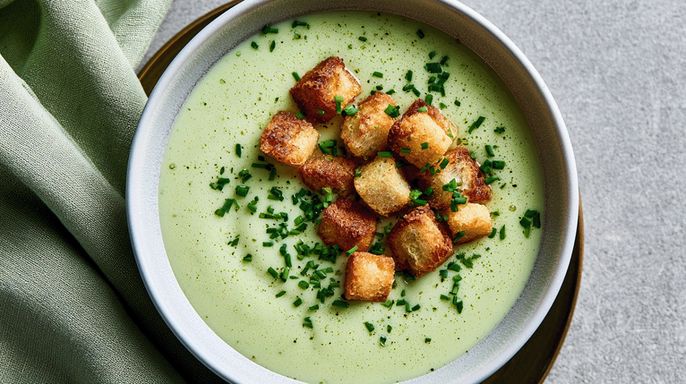 Kalte Melonen-Gurken-Suppe in weißer Schale, von oben fotografiert, mit knusprigen Croûtons und frischem Schnittlauch bestreut