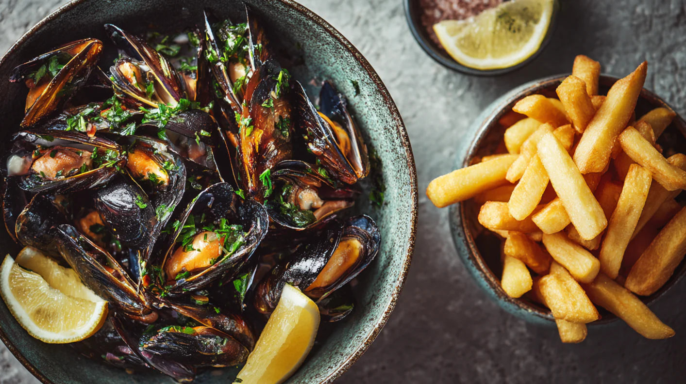 Moules Frites Rezept – frische Miesmuscheln im Sud mit Petersilie, Zitrone und goldbraunen Pommes Frites