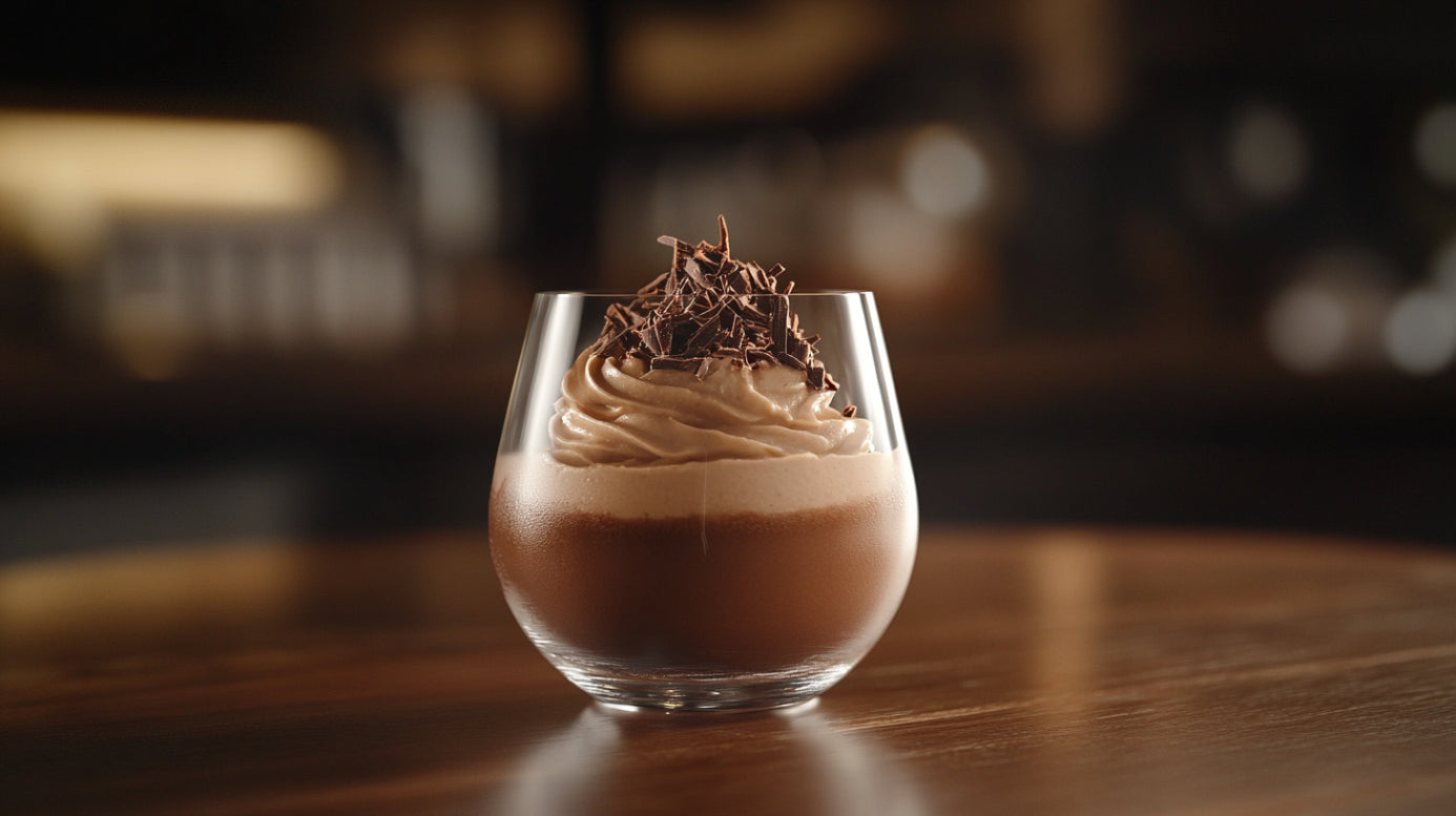 Fluffiger Schokoladenpudding in einem eleganten Glas, garniert mit zarten Schokoladenraspeln, serviert auf einem Holztisch in warmer, gemütlicher Atmosphäre.