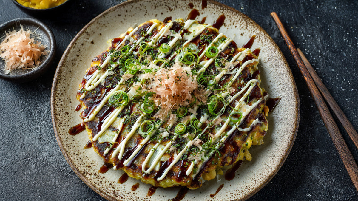 Okonomiyaki japanischer Pfannkuchen mit Sauce, Mayonnaise, Frühlingszwiebeln und Bonito-Flocken auf einem Teller