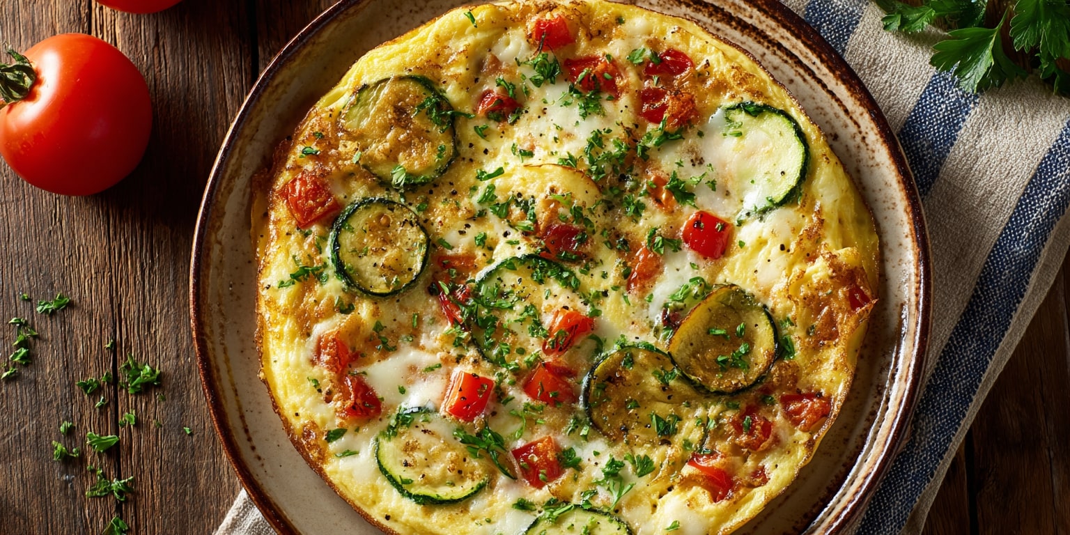 Sommer-Omelette mit Tomaten und Zucchini auf Teller serviert – mediterranes Gericht mit frischen Kräutern, Mozzarella und fluffiger Eimasse, angerichtet auf rustikalem Holztisch.