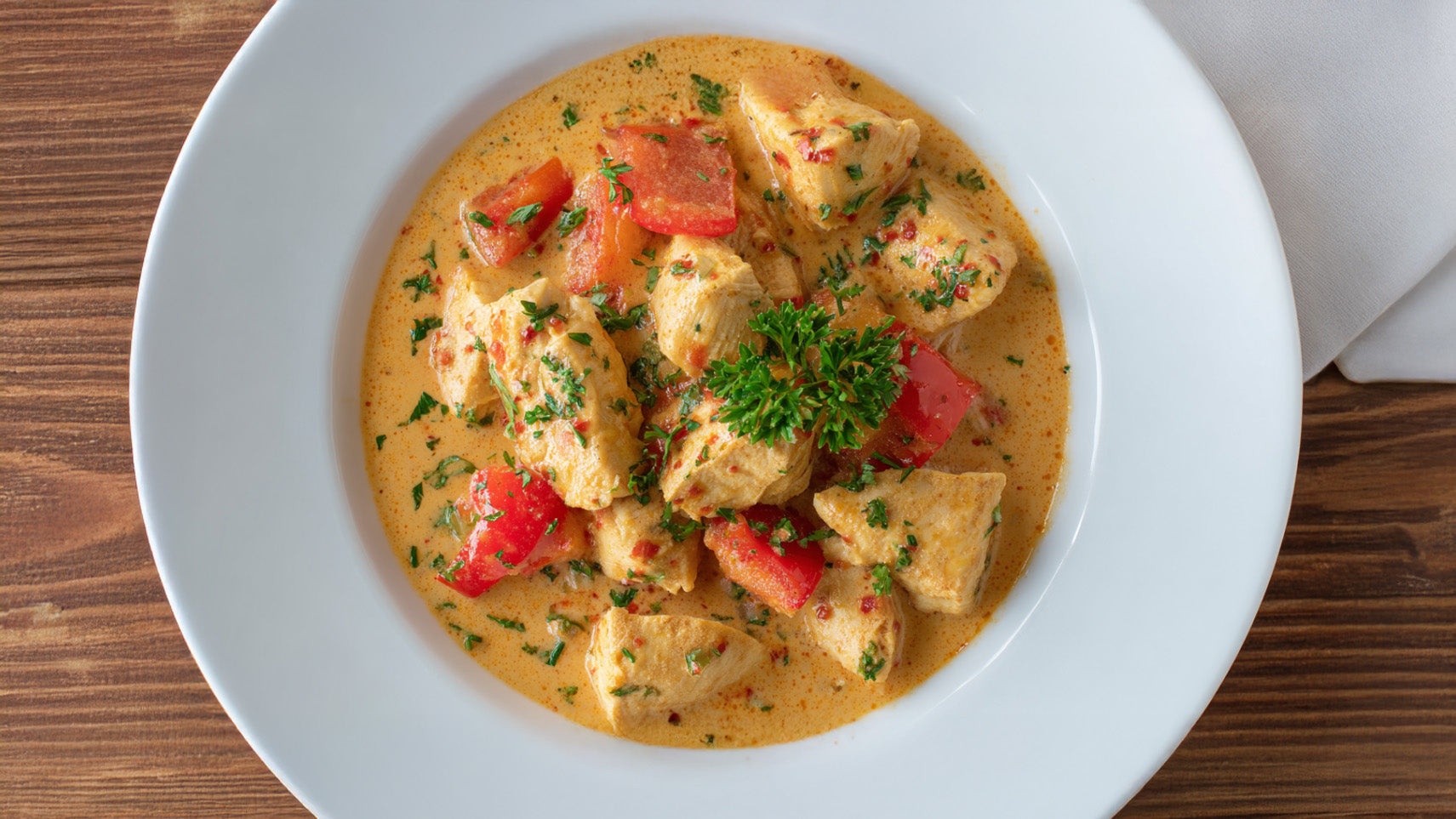 Paprika-Sahne-Hähnchen mit cremiger Soße, zarten Hähnchenstücken und frischer Petersilie in weißem Teller