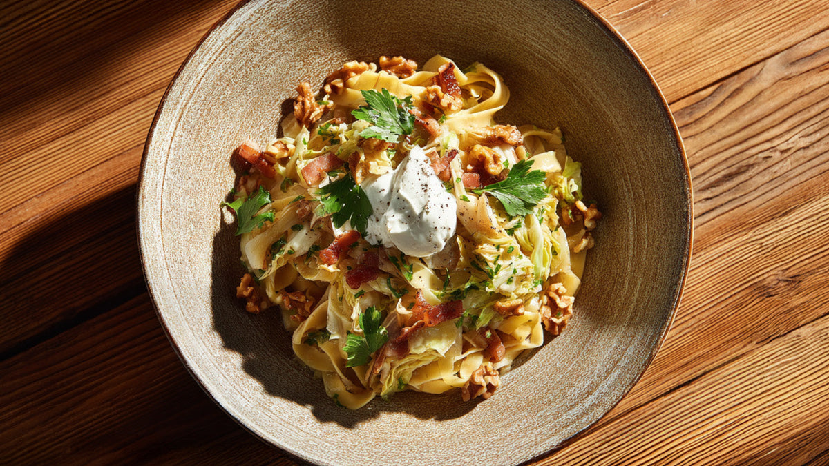 Pasta mit Spitzkohl, Speck und Apfel – cremige Bandnudeln mit Walnüssen, Crème Fraîche und frischer Petersilie auf rustikalem Holztisch.
