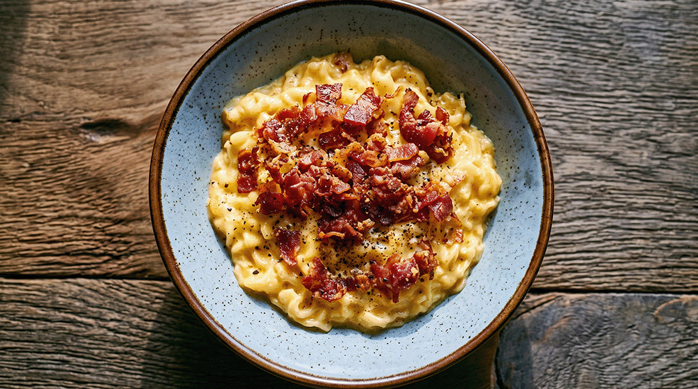 Ramen-Carbonara von oben in blauer Schüssel, cremige Mie-Nudeln mit krossem Bacon und Pfeffer.