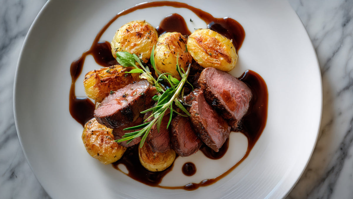 Rehrücken mit Quetschkartoffeln auf Teller mit dunkler Wildsauce und Kräutergarnitur, von oben fotografiert.
