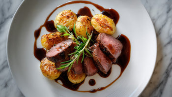 Rehrücken mit Quetschkartoffeln auf Teller mit dunkler Wildsauce und Kräutergarnitur, von oben fotografiert.