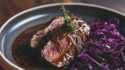 Rinderbraten mit Lebkuchensauce und Rotkohl, angerichtet auf einem dunklen Teller – festliches Gericht für Weihnachten.