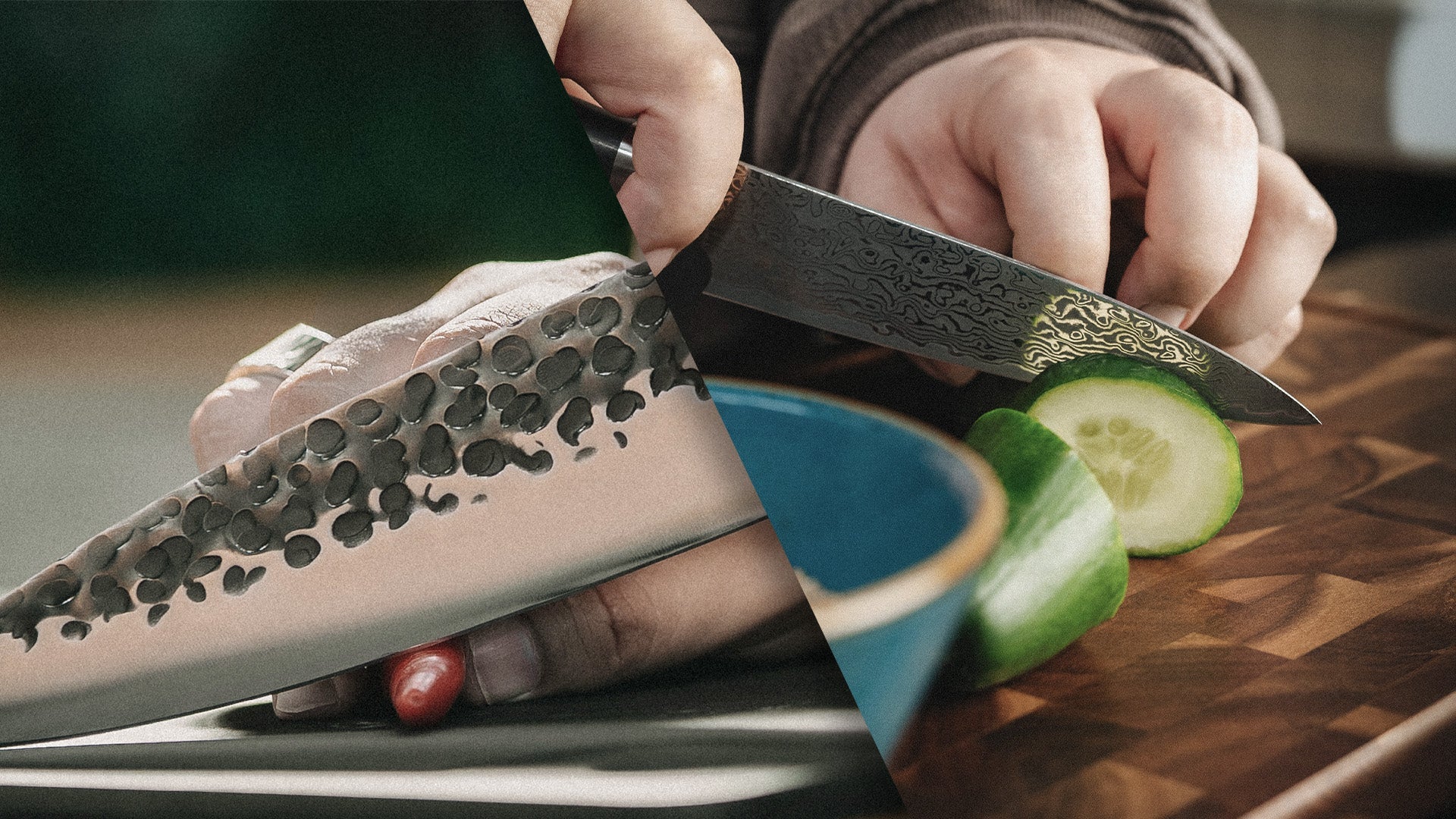 Vergleich von Küchenmessern: Links ein Messer mit Hammerschlag-Finish beim Chili-Schneiden, rechts ein Damastmesser beim Schneiden einer Gurke.