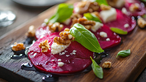 Nahaufnahme eines servierten Rote Bete Carpaccio mit Feta, Walnüssen und Basilikum auf Holzbrett, verfeinert mit Dressing – ideal für leichte Vorspeisen.