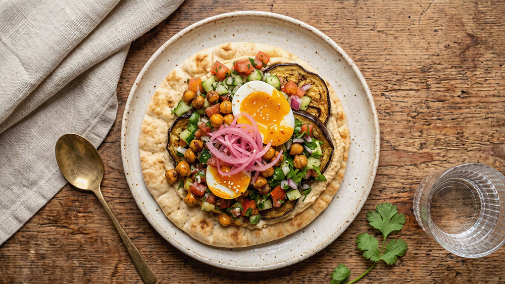 Sabich auf Fladenbrot, drapiert mit gerösteten Auberginen, Kichererbsen, halbiertem Ei, Tomaten, Gurken und eingelegten roten Zwiebeln, von oben fotografiert.