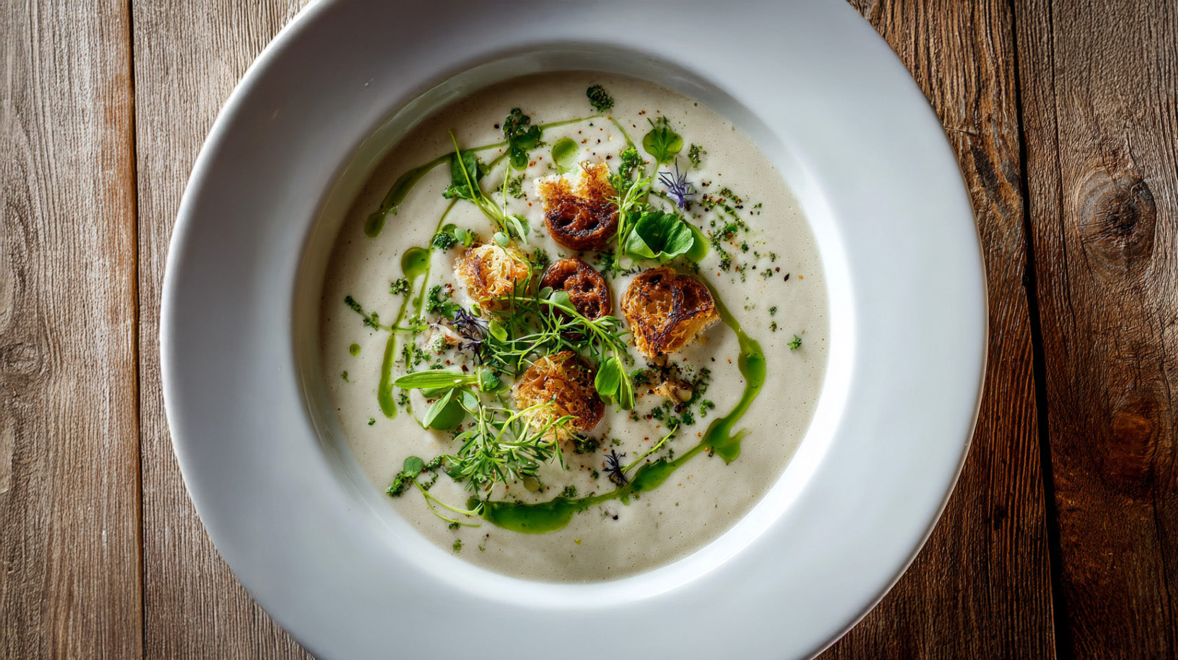 Schwarzwurzelsuppe mit Kräuteröl und Brezelcroutons auf rustikalem Holztisch – cremige Herbstsuppe als edles Halloween-Dinner serviert.