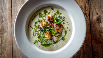 Schwarzwurzelsuppe mit Kräuteröl und Brezelcroutons auf rustikalem Holztisch – cremige Herbstsuppe als edles Halloween-Dinner serviert.