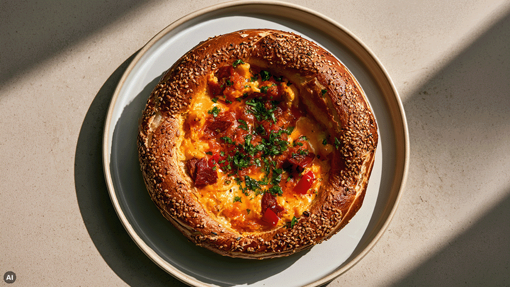 Simit Menemen von oben: Rührei mit Tomaten, Paprika, Sucuk und Petersilie im knusprigen Sesamring auf einem hellen Teller