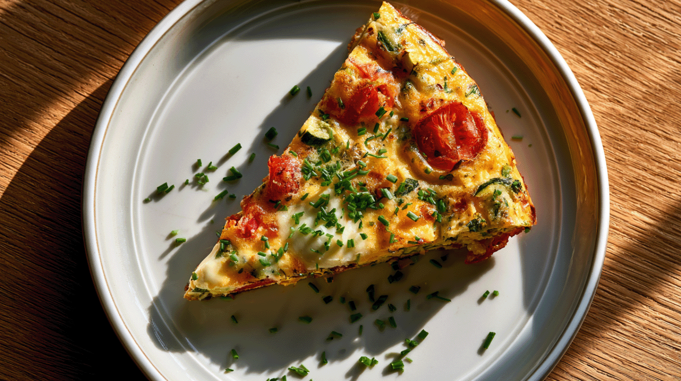 Ein Stück Sommer-Frittata mit Zucchini, Tomaten und Mozzarella, mit Schnittlauch bestreut, von oben auf einem Teller fotografiert.