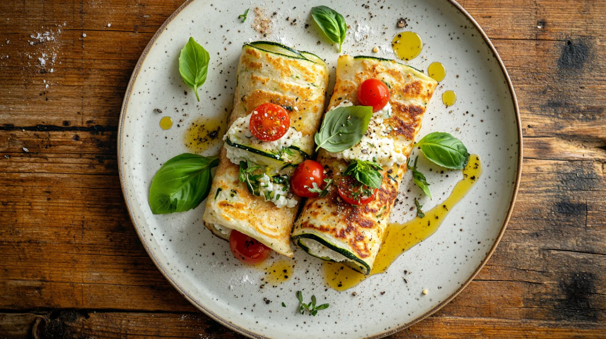 Pfannkuchen Sommerrezept mit Frischkäse, Zucchini und Tomaten serviert auf rustikalem Holztisch.