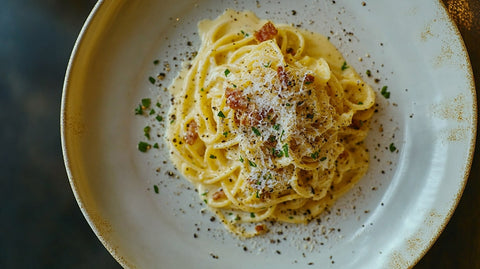 Spaghetti Carbonara – cremige Pasta mit Speck, Parmesan und frisch gemahlenem Pfeffer, serviert auf einem Teller. Authentisches italienisches Rezept ohne Sahne.