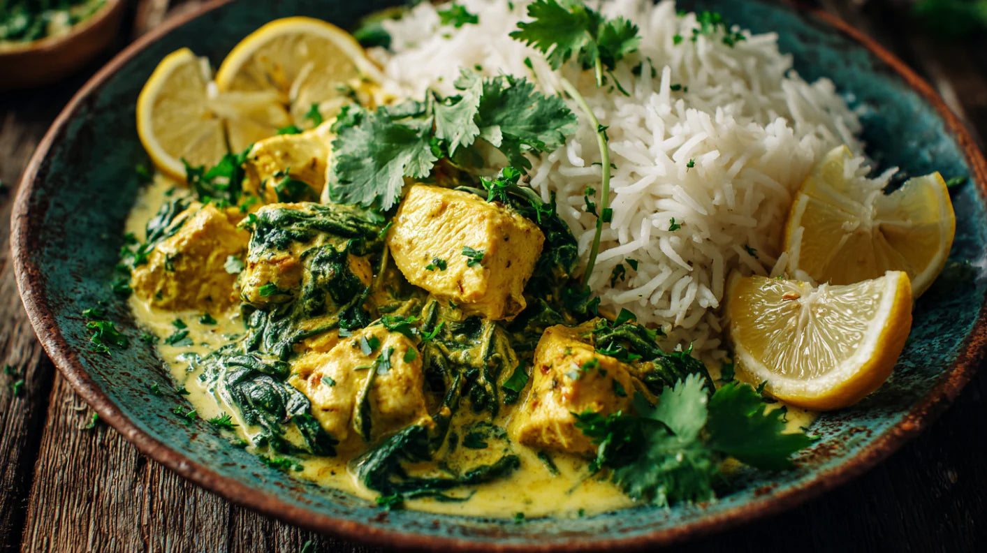 Spinat-Curry-Hähnchen mit Reis auf Teller – cremiges Curry mit frischem Spinat, Hähnchenwürfeln, Basmati-Reis und Zitronenscheiben, garniert mit frischem Koriander
