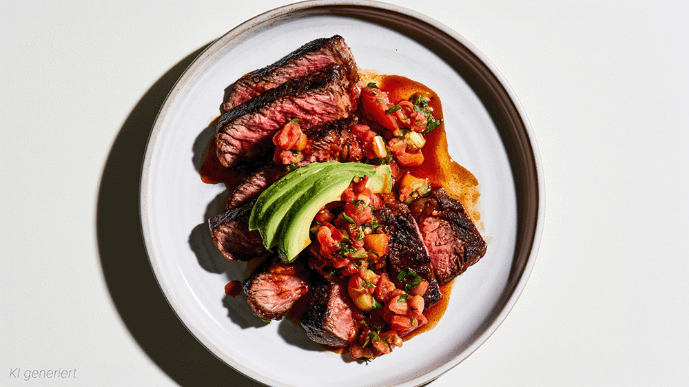 Filetsteak mit Tomatentartar von oben angerichtet auf weißem Teller, dazu Avocadospalten und würzige Sriracha-Soja-Sauce