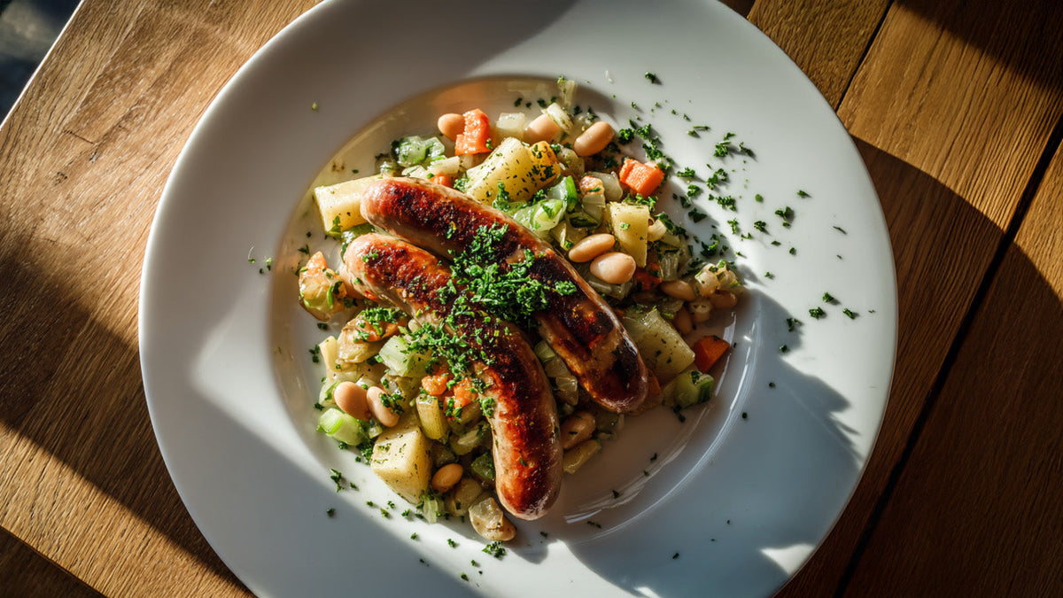 Bratwürstchen auf Steckrüben-Gemüse – herzhaftes Feierabendgericht mit weißen Bohnen, Sellerie und frischer Petersilie auf weißem Teller im Sonnenlicht.