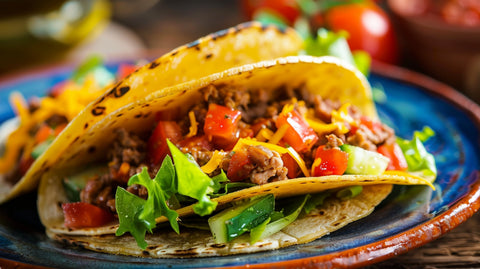 Leckere Tacos gefüllt mit Hackfleisch, Käse und frischem Gemüse auf blauem Teller.