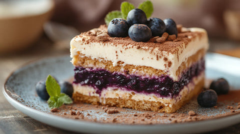 Festliches Spekulatius-Tiramisu mit Heidelbeerkompott, Mascarpone-Creme und Kakao, serviert mit frischen Heidelbeeren und Minze auf einem grauen Teller.