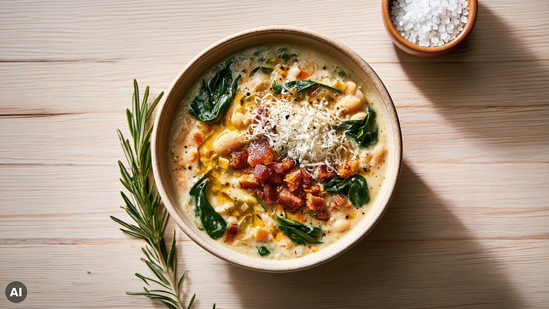 Toskanische Bohnensuppe von oben in heller Schüssel mit Spinat, Pancetta und Parmesan, daneben Rosmarin und Salz auf Holztisch.