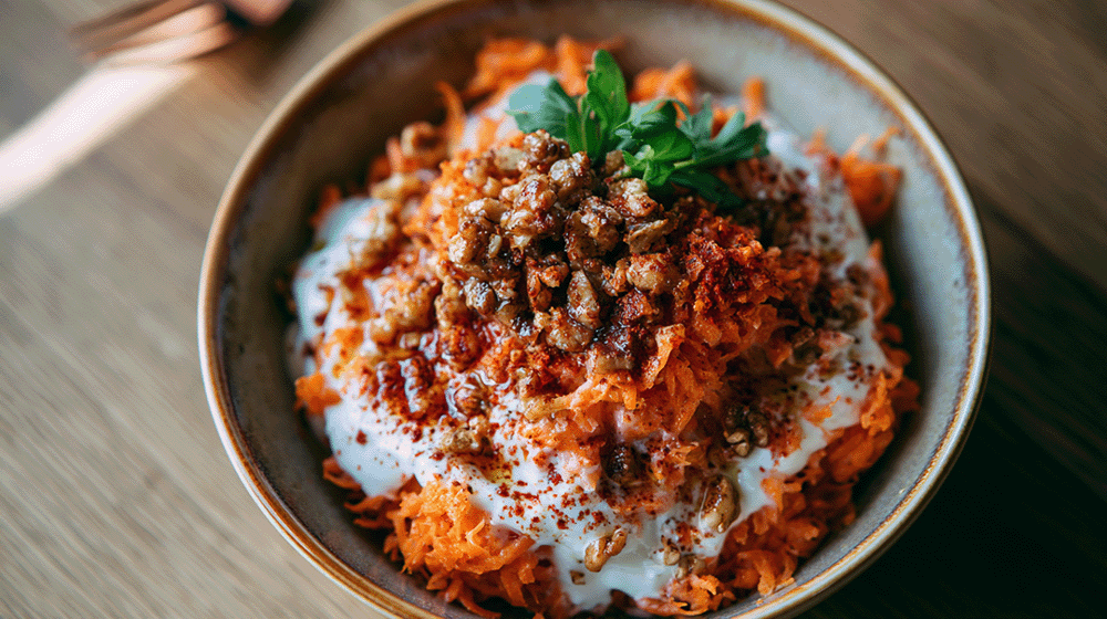 Türkischer Karottensalat mit cremigem Joghurt, geröstetem Paprika-Walnuss-Dressing und frischer Petersilie in einer Keramikschale von oben fotografiert