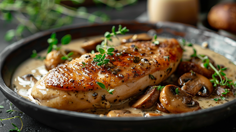 Geschmorte Hähnchenbrust mit Pilzen in cremiger Sauce, garniert mit Thymian.