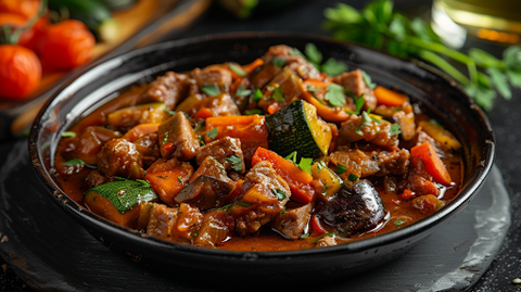 Lammragout mit Zucchini und Paprika, garniert mit Petersilie in schwarzer Schale.