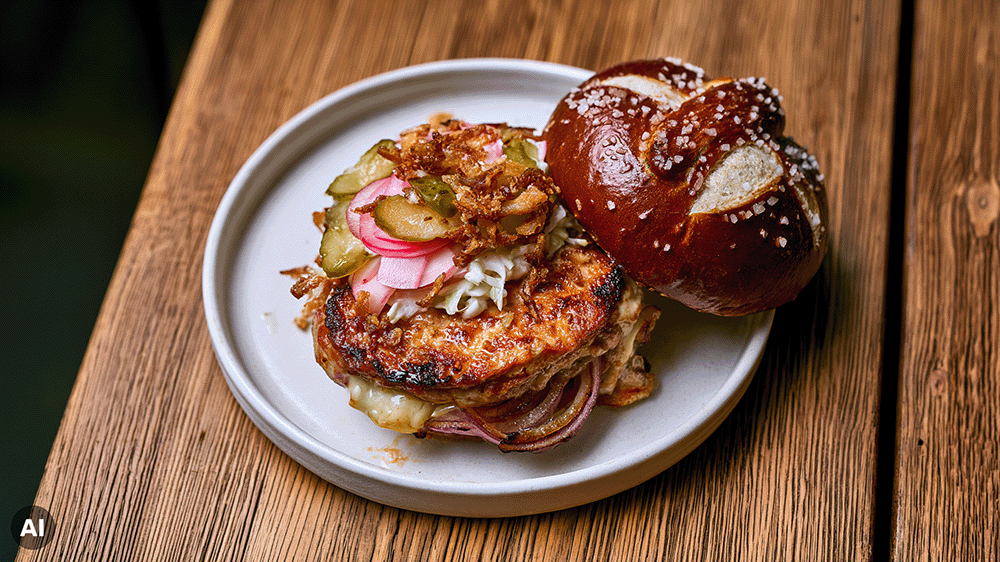Wiesn-Burger mit gebratenem Leberkäse. Weißer Teller auf Holztisch.