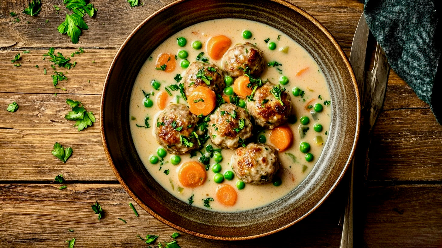 Wikingertopf Rezept servierfertig – saftige Fleischbällchen in Sahnesoße mit Gemüse und Kräutern, angerichtet als One-Pot-Gericht im stilvollen Schüssel-Setup.