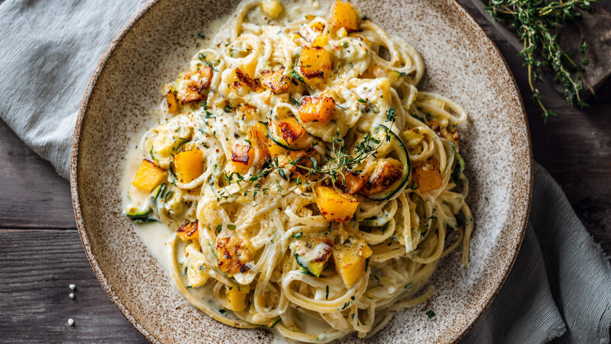 Zucchini-Carbonara mit Gorgonzola – cremige Spaghetti mit gebratenen Zucchiniwürfeln, Birne und frischem Thymian in sahniger Käsesauce.