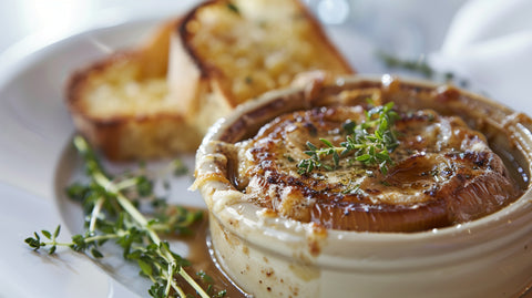 Französische Zwiebelsuppe in einer Keramikschale, gratiniert und garniert mit frischem Thymian, serviert mit knusprigem Baguette.