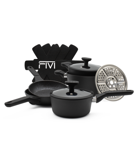 FIVI 12 Teiliges Kochgeschirr mit Vliesschonern und Dampfgareinsatz, inklusive Deckel