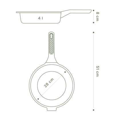 Technische Zeichnung über die Kapazität von 4l und dem Durchmesser von 28 cm der SChmorpfanne Almar.