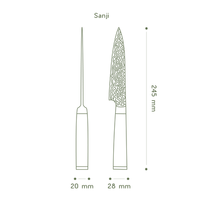 Technische Skizze des Sanji Pettymessers: 245mm Gesamtlänge, 28mm Klingenbreite.