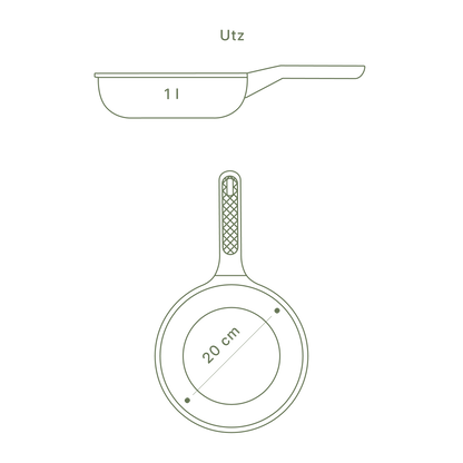 Technische Zeichnung der Bratpfanne Utz mit 20 cm Durchmesser und 1 Liter Fassungsvermögen.