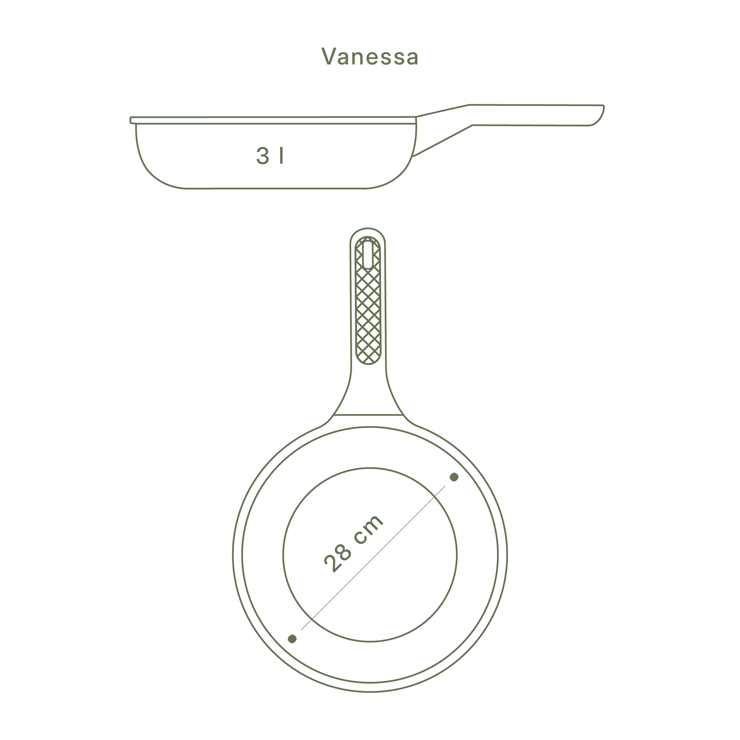 Blaupause der großen Bratpfanne Vanessa, 28 cm Durchmesser, 3 Liter Fassungsvermögen.