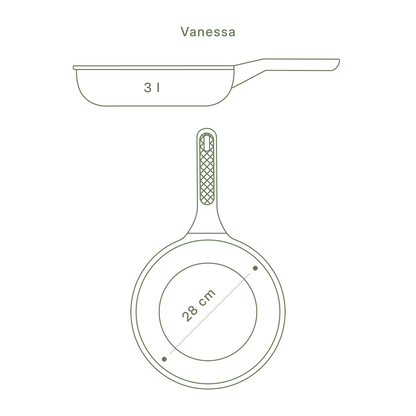 Blaupause der großen Bratpfanne Vanessa, 28 cm Durchmesser, 3 Liter Fassungsvermögen.