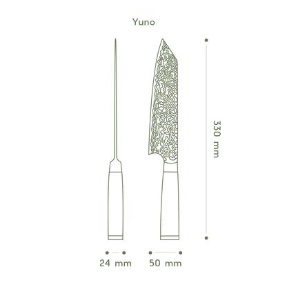 Technische Zeichnung des Yuno Kiritsukemessers mit Maßen: 330mm Gesamtlänge, 50mm Klingenbreite.