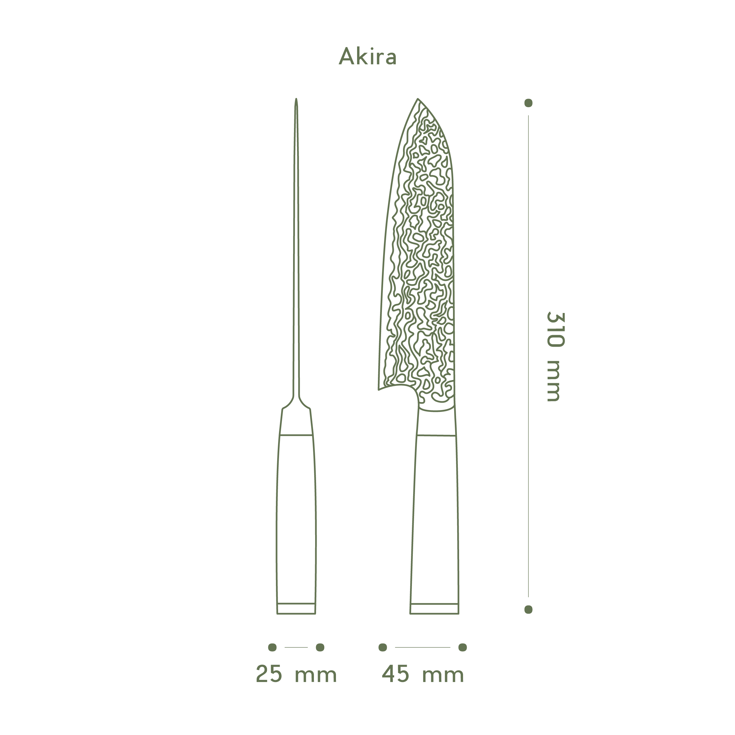 Technische Zeichnung des Akira Santokumessers mit Maßen: 310mm Gesamtlänge, 45mm Klingenbreite.