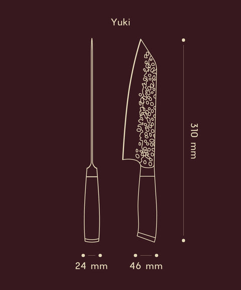 Blaupause des Küchenmessers "Yuki" mit technischen Zeichnungen und Maßen.