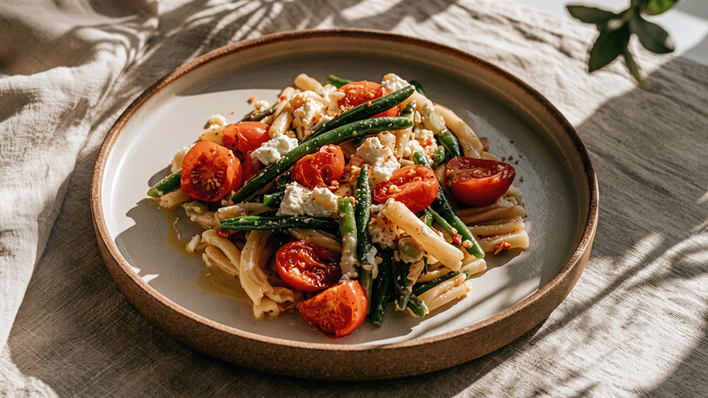 Teller mit Bohnen-Tomaten-Pasta, grünen Bohnen, Kirschtomaten und Ricotta bestreut, im natürlichen Licht fotografiert