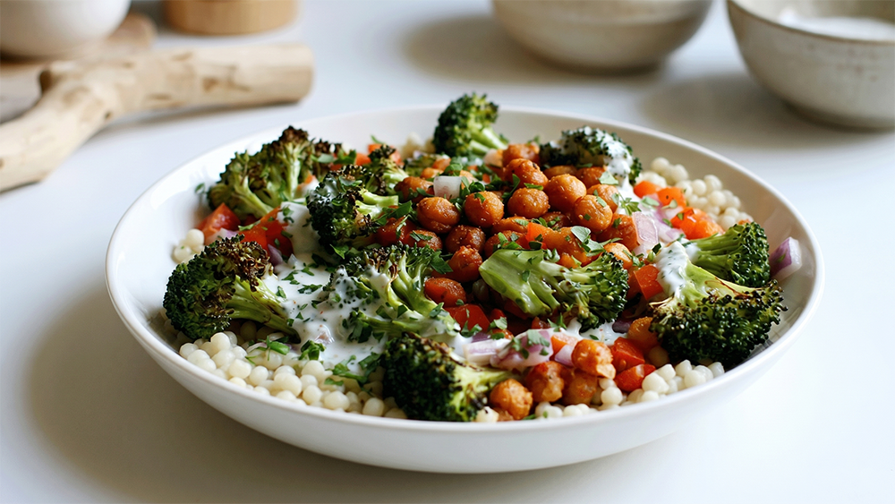 Schräge Nahaufnahme einer gefüllten Brokkoli-Kichererbsen-Bowl mit Couscous und Joghurtdressing auf hellem Untergrund.