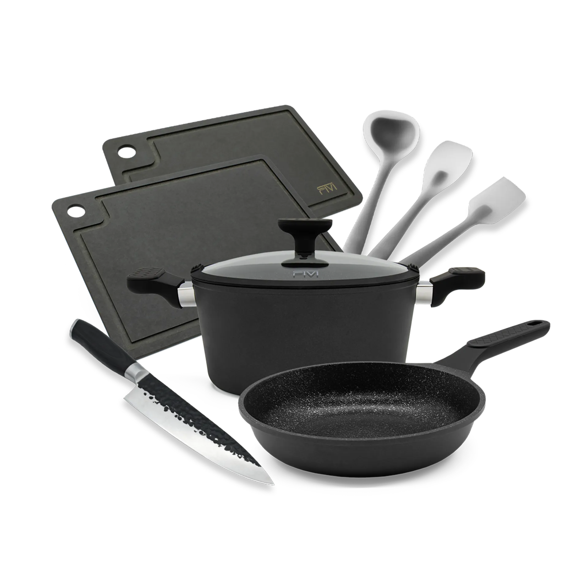 Das Fivi Bundle Set in Größe S mit Topf, Pfanne, Küchenhelfern, Küchenmesser und zwei Schneidebrettern.