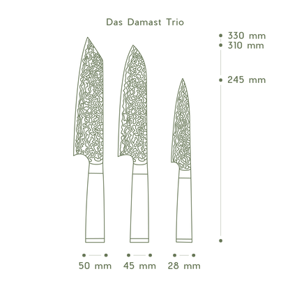 Technische Übersicht des Damast-Trios mit Klingenbreiten von 50mm, 45mm und 28mm sowie Gesamtlängen.