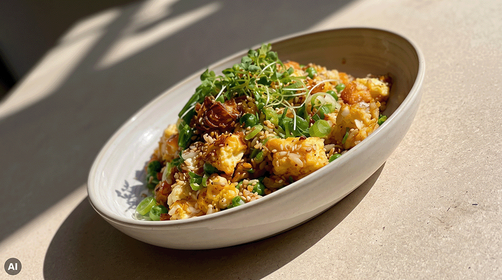 Schnelles Fried Rice mit Ei und Gemüse in einer ovalen weißen Schale im Sonnenlicht, garniert mit Kresse, Sesam und Röstzwiebeln